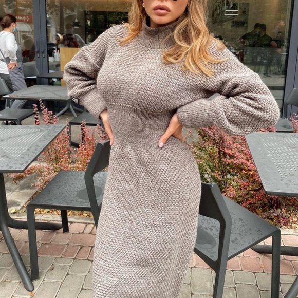 Gorgeous Beige Wool Knitted Sweater Dress - Picture 3 of 3